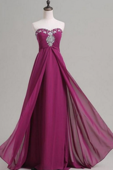 Purple A-line/princess Prom Dresses, Princess Long Prom Dresses, Strapless Long Modest Simple Beaded Chiffon Prom Dresses
