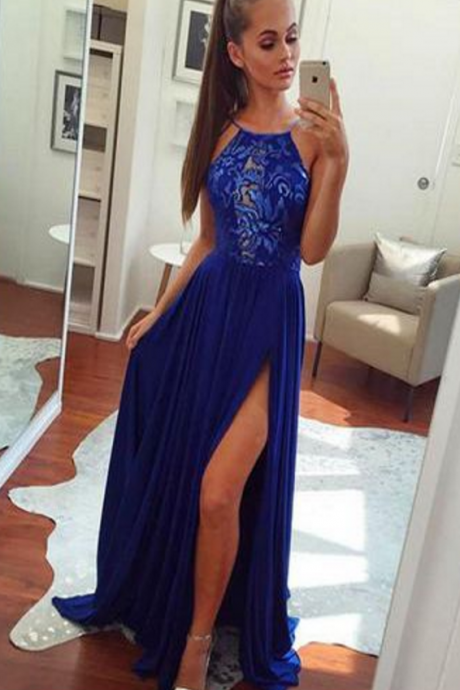 Royal Blue Slit Prom Dress, Sexy Prom Dresses, Long Formal Evening Dress