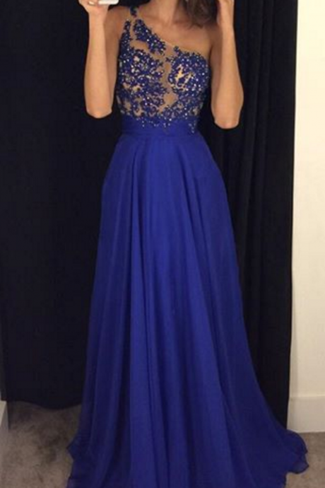Royal Blue Prom Dresses,one Shoulder Evening Dresses,beading A-line Chiffon Party Dresses