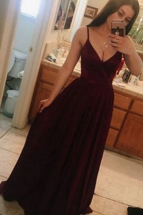 Wine Red V-neck Long Ball Gown, Evening Dress.