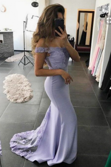 Mermaid Off-the-shoulder Lavender , Evening Prom Dress With Appliques