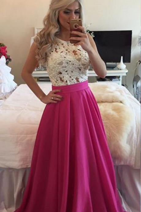 Top Selling Beading Prom Dress,see Trough White Lace Pink Long Prom Dresses,sexy Sleeveless Prom Dress,custom Made A-line Prom Gown,evening