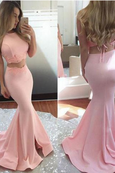 Pink Two Pieces Lace Long Prom Dres.. Pink Two Pieces Lace Long Evening Dres..