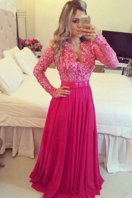 Fuchsia Lace And Chiffon Elegant Long Sleeves Evening Gowns