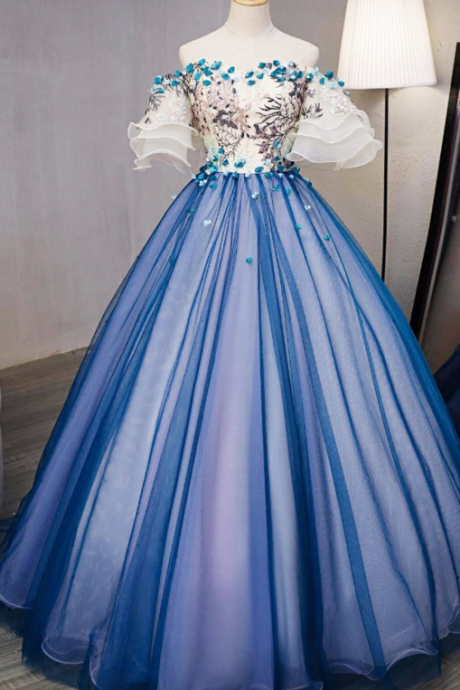 Blue and Ivory Hand-Made Flower Prom Dress/Evening Dress 