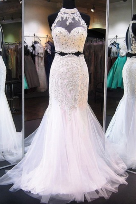 Style Trumpet/mermaid High Neck Tulle Sweep Train Appliques Lace Two Piece Prom Dresses