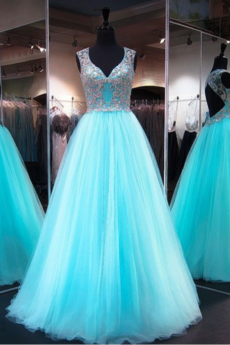 Fabulous Princess V-neck Tulle Floor-length Crystal Detailing Light Sky Blue Open Back Prom Dresses