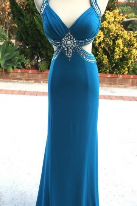 Sexy Open Back Prom Dress,Beaded Graduation Dresses,Backless Party Dress,Blue Evening Dresses,Sexy Formal Dress