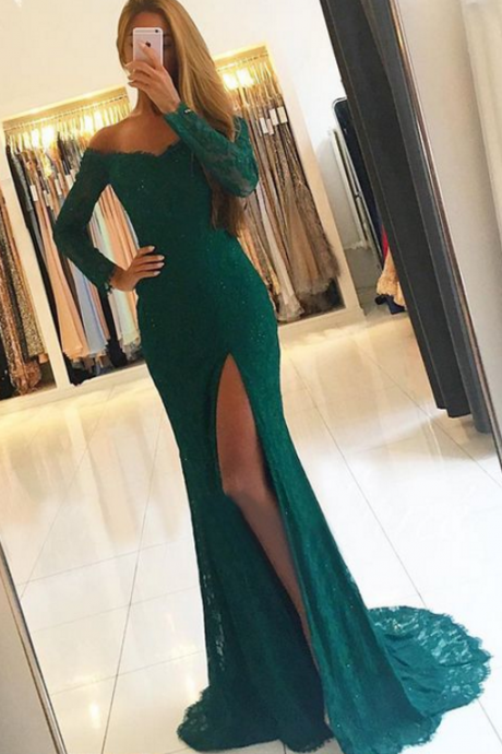 Mermaid Off The Shoulder Split Front Green Lace Prom Dress With Beading