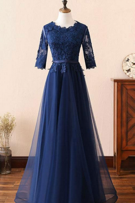 Selling Navy Blue Long Prom Dresses With Half Long Sleeves Mother Of The Bride Dress