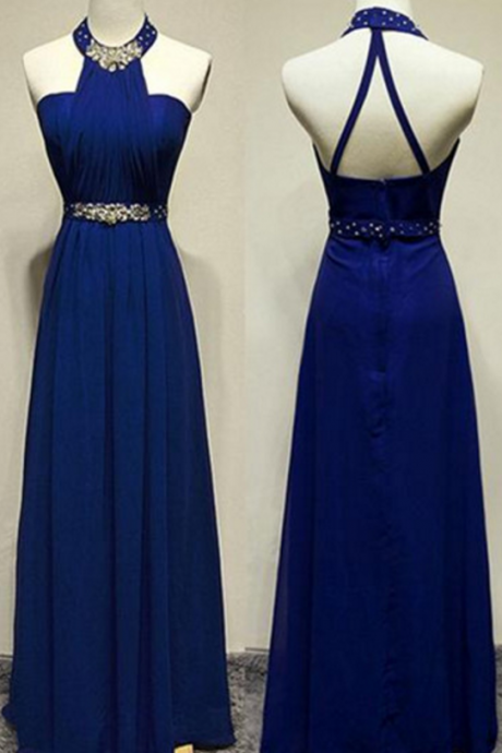 Royal Blue Halter Beaded Long Prom Dresses,a-line Chiffon Evening Dresses,party Prom Dresses,prom Dress,evening Gowns