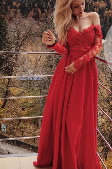 Red Long Sleeve Lace Elegant Prom Dress,long Prom Dresses,prom Dresses,evening Dress, Evening Dresses,prom Gowns, Formal Women Dress