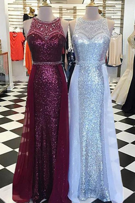 Luxurious Long Scoop Neck Customize Sequins And Beaded Evening Dress With Removable Tulle Skirt