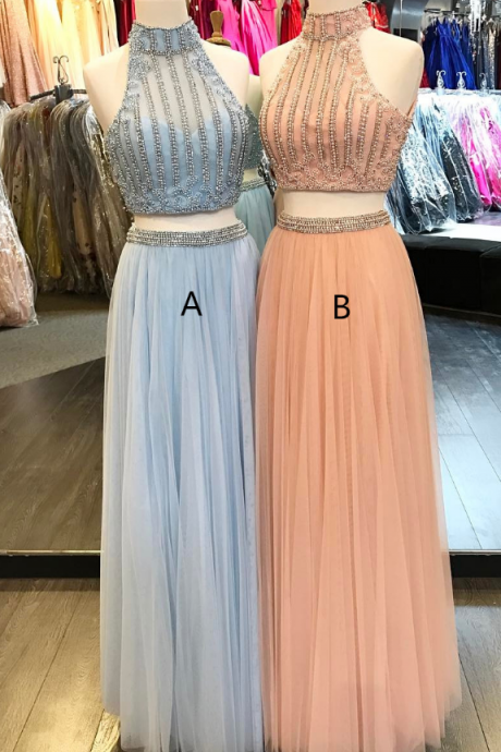 Fashion Two Piece High Neck Long Beaded Blue/coral Tulle Prom/evening Dress