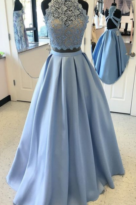 Two Piece Sky Blue Prom Dress,Two Piece Sky Blue Long Prom Dress