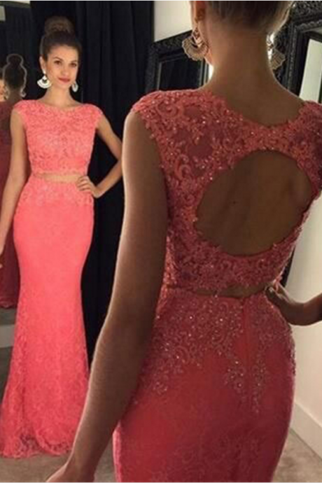Sexy Two Piece Mermaid Open Back Coral Prom Dresses with Lace Beaded