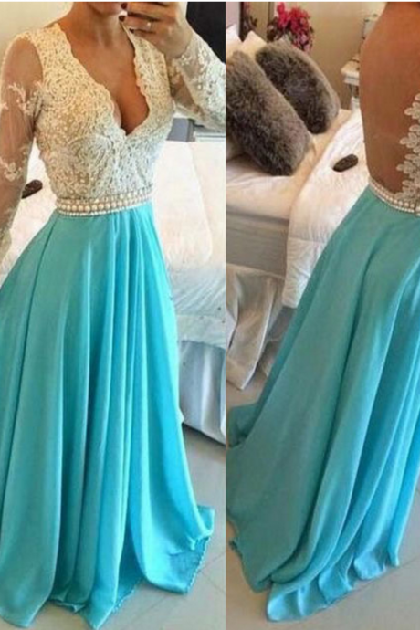 Deep V Neck Long Sleeves Sheer Backless Blue Prom Dresses Long Evening Dress With Appliques