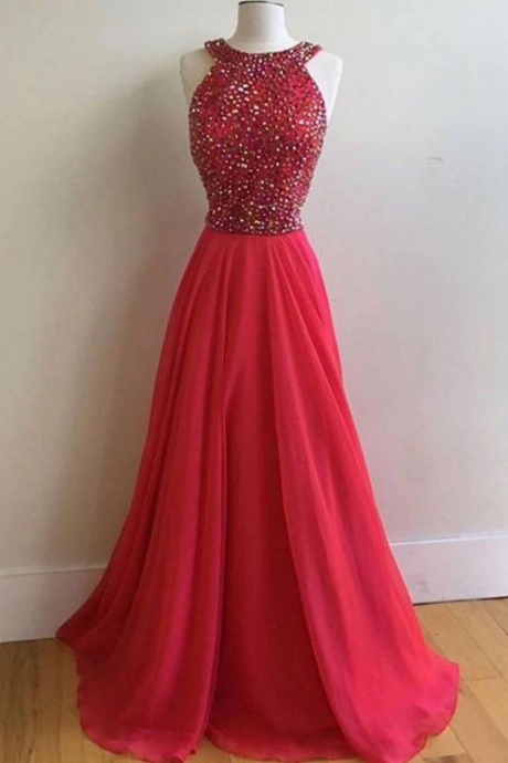 Halter Red Long Prom Dresses With Beaded Evening Dresses Long For Women