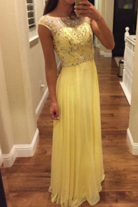 New Arrival Prom Dress,Yellow Chiffon Prom Dresses,A Line Prom Dress, Crystal Beaded Evening Dress, Formal Dress