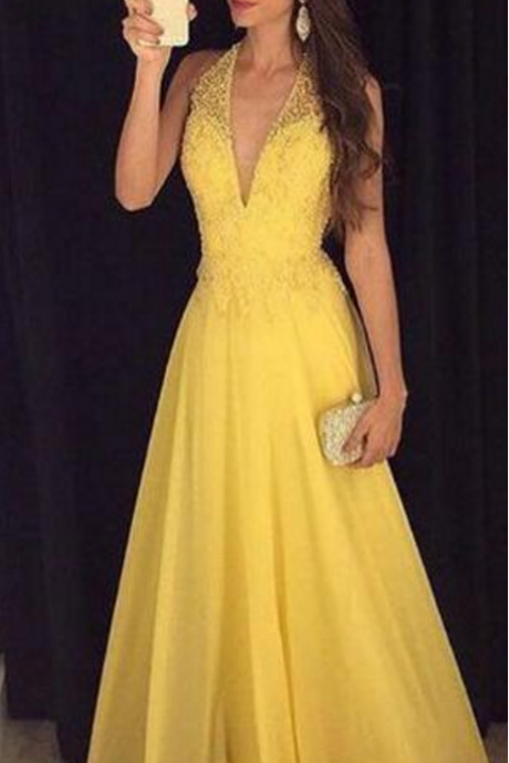 Prom Dress,chiffon V Neck Prom Dress,beaded Prom Dress,yellow Prom Dress,party Dress
