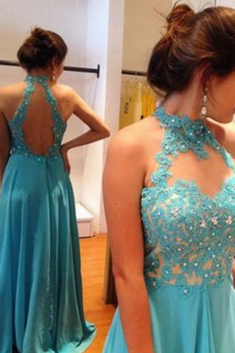 Elegant Long Blue Chiffon Prom Dress With Open Back