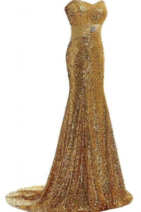 Custom Made Gold Sweetheart Neckline Long Bridesmaid Dress With Sequin And Crystal Beading, Prom Dress
