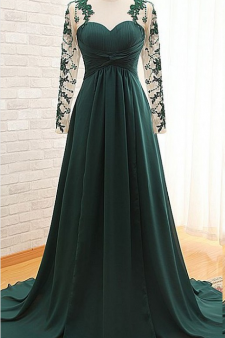 Custom Made Dark Green Floor Length Lace Appliquéd Mesh Long Sleeved Sweetheart Evening Dress Featuring Chapel Train And Keyhole Back