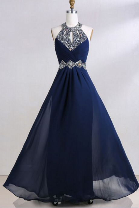 Halter Beaded A-line Floor-length Prom Dress, Evening Dress Featuring Keyhole Front And Lace-up Back