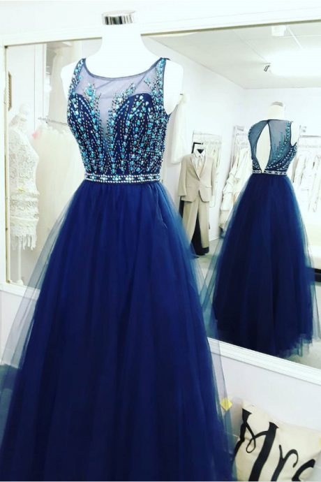 Royal Blue Tulle Beaded Long Prom Dress,sleeveless Prom Dress With Illusion Neck