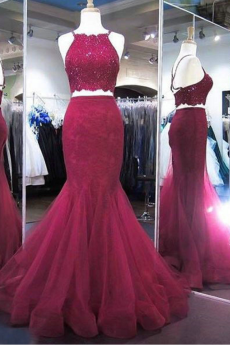 Cross Back Beads Mermaid Burgundy Prom Dresses,two Piece Prom Dresses,lace Prom Dresses,mermaid Evening Gowns,tulle And Lace Formal Dresses