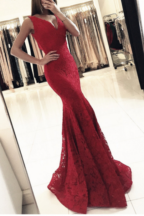 Sexy Sleeveless Red Prom Dress,mermaid Evening Dress, Appliques Lace Long Prom Dresses