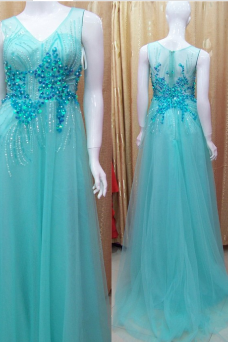 Blue Tulle Prom Dresses,v Neck Prom Dresses,prom Dresses For Women,long Prom Dresses,beading Prom Dresses