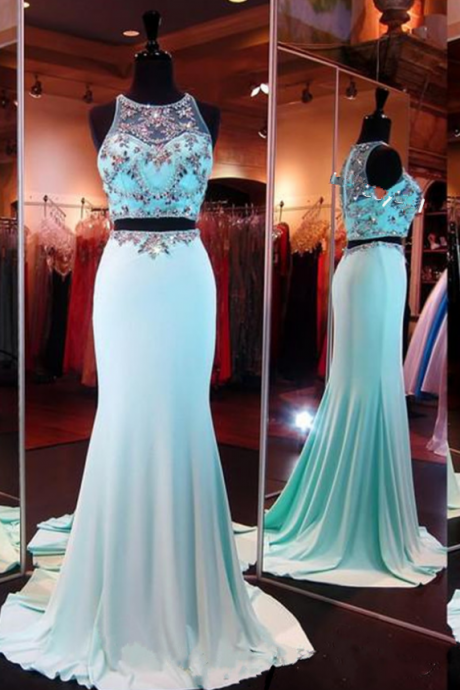 Handmade Blue Beadings Long Prom Gowns,evening Gowns,formal Dresses, Prom Gowns