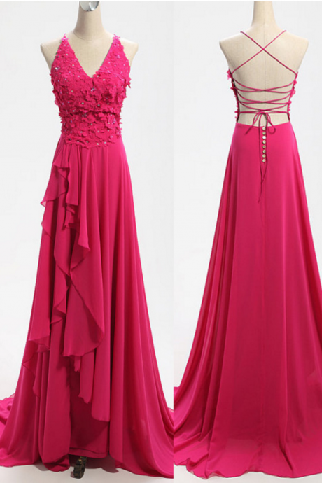 Pink Floor Length Chiffon A-line Ruffle Prom Dress Featuring Lace Appliquéd And Beaded Adorned Plunge V Bodice And Lace-up Open Back