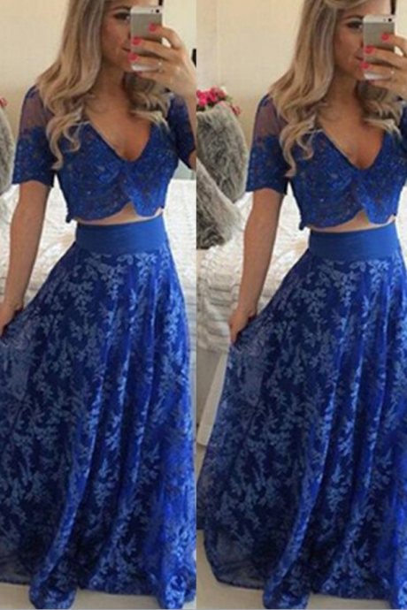 A-line Lace V-neck Short Sleeves Floor-length With Lace Two Piece Dresses