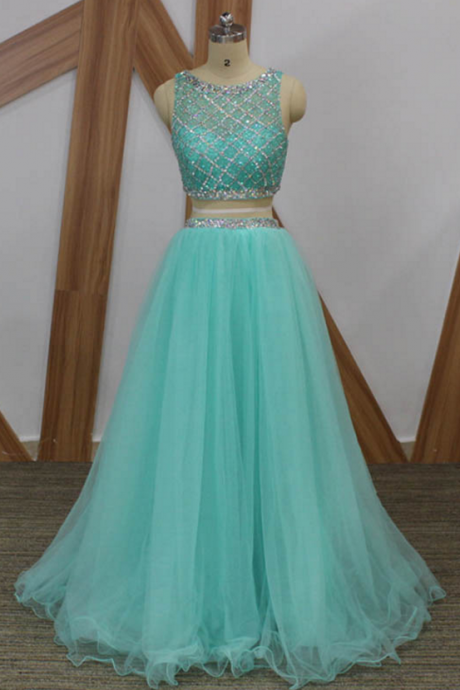 Two Pieces Long Prom Dresses Mint Green Tulle Crystals Beaded Evening Dress