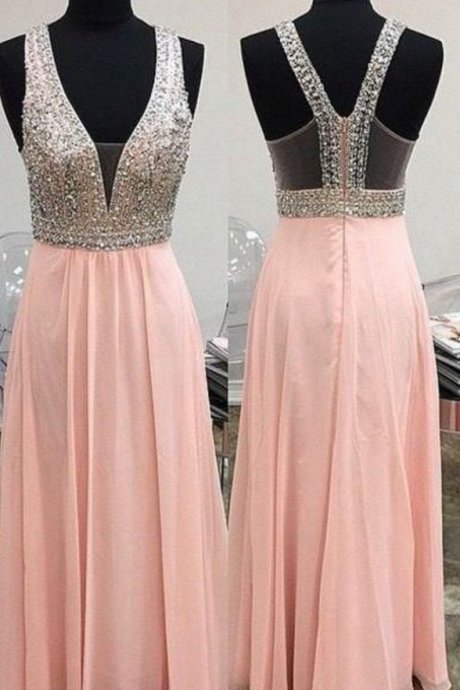 Charming Pink Chiffon Backless Prom Dresses V Neck Silver Beaded Floor Long Prom Dress