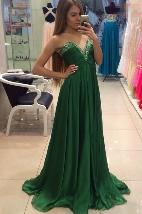 Long Prom Dresses,chiffon Prom Dresses,high Low Prom Dresses,beaded Dresses,green Prom Dresses,strapless Prom Gowns,v-neck Party Dresses