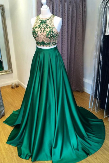Two Pieces Prom Dresses,green Prom Dresses,beaded Prom Dresses,prom Dresses For Teens,cute Dresses,elegant Prom Gowns,formal Evening Dresses