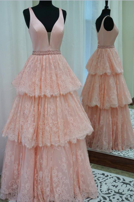 A-line V-neck Lace Prom Dress,pearl Pink Formal Dress,fashion Prom Dress,sexy Party Dress,custom Made Evening Dress