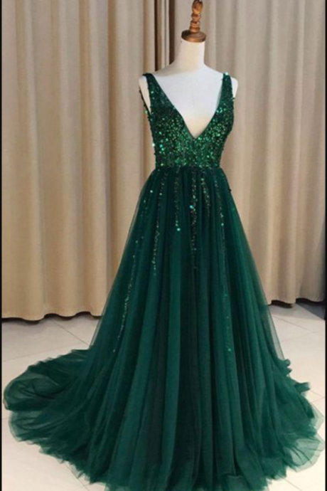 Special V Neck V Back Tulle Green Long Prom Dresses With Sequined For Women Evening Formal Gowns