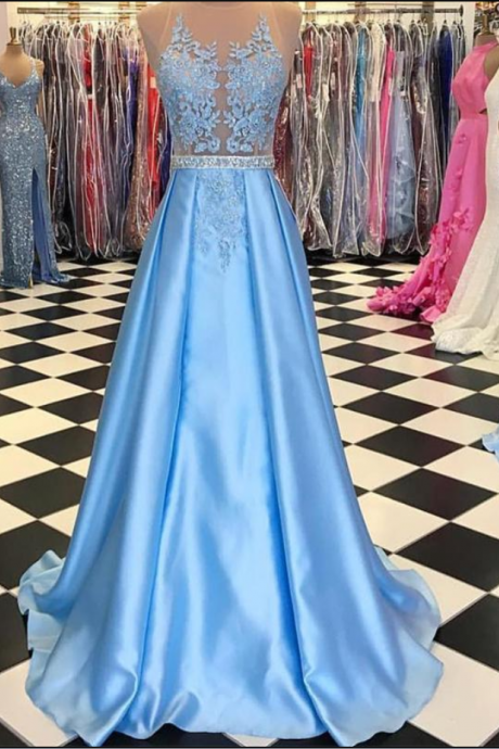 Sexy Sleeveless A Line Blue Prom Dresses For Junior, Long Evening Dress,