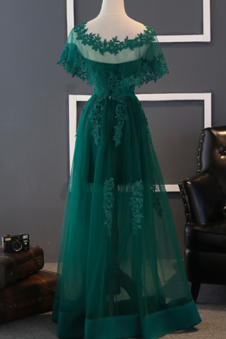 Charming Tulle Prom Dress, A Line Prom Dresses, Appliques Short Sleeve Long Evening Dress