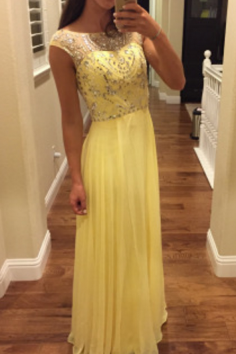 Yellow Chiffon Prom Dresses,prom Dresses， Prom Dress,a Line Prom Dress, Crystal Beaded Evening Dress, Formal Dress
