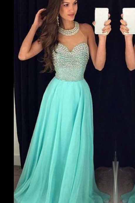 Mint Aqua Prom Dresses,halter Prom Dress,beaded Prom Dress,chiffon Prom Dress,fashion Prom Dress,sexy Party Dress,