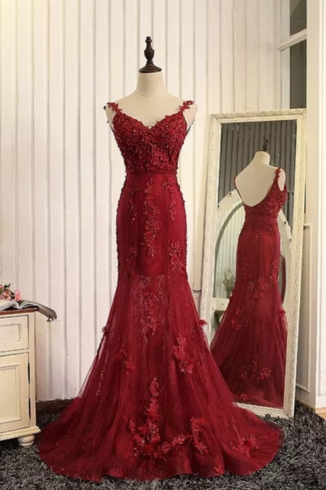 Wine Red Evening Dress,prom Dress,mermaid Evening Gowns,burgundy Prom Dress,lace Prom Dress,high Quality Dresses