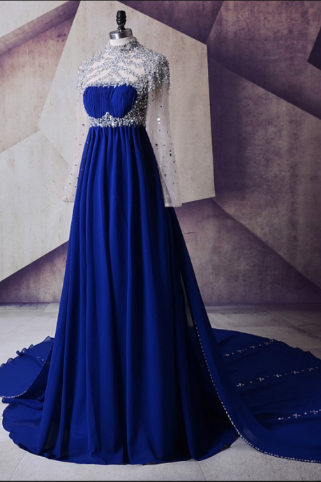 Abendkleider Crystals Beaded Elegant Women Long Prom Dresses For Wedding Party Royal Blue Long Sleeves Prom Dress