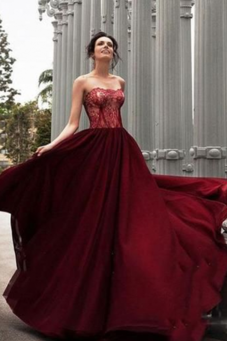 Glamorous A-line Strapless Burgundy Long Evening Dress With Lace,lace Up Backless Prom Dress,sweetheart Formal Dress,prom Dresses