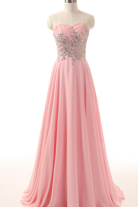 Elegant Long Chiffon Prom Dresses Sweetheart Neck Crystals Floor Length Party Dresses