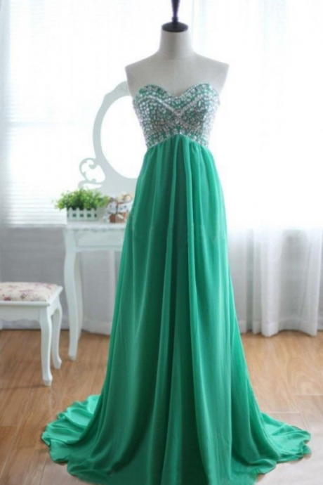 High Quality Chiffon Sweetheart Green Long Prom Dresses With Beadings, Green Prom Dresses, Long Prom Dress, Formal Dress,custom Made A Line
